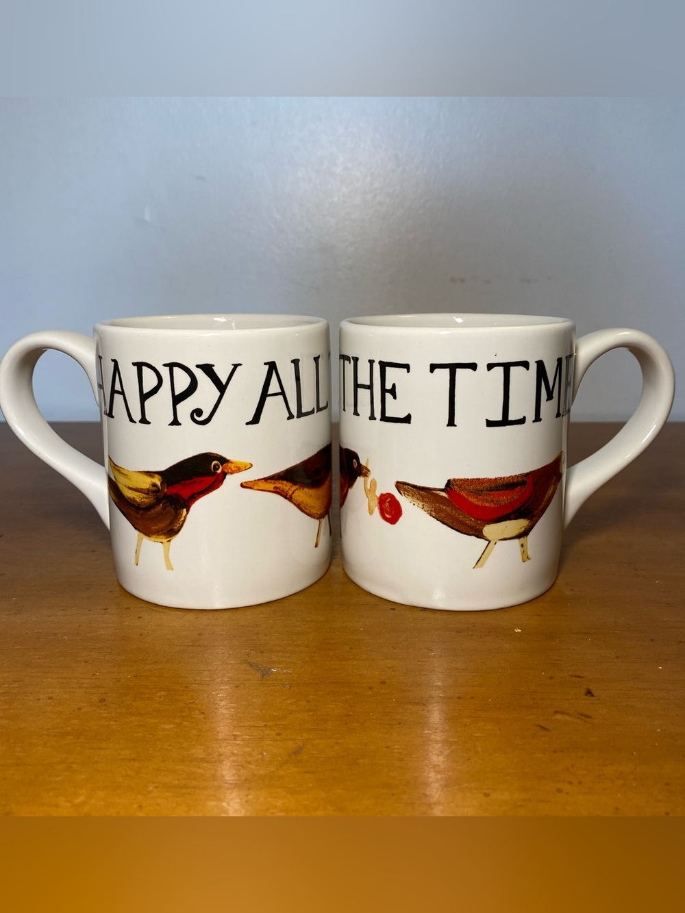 Vintage Nancy Thomas, Happy All The Time Bird Coffee Mugs Cups Y2K 2004 Set of 2